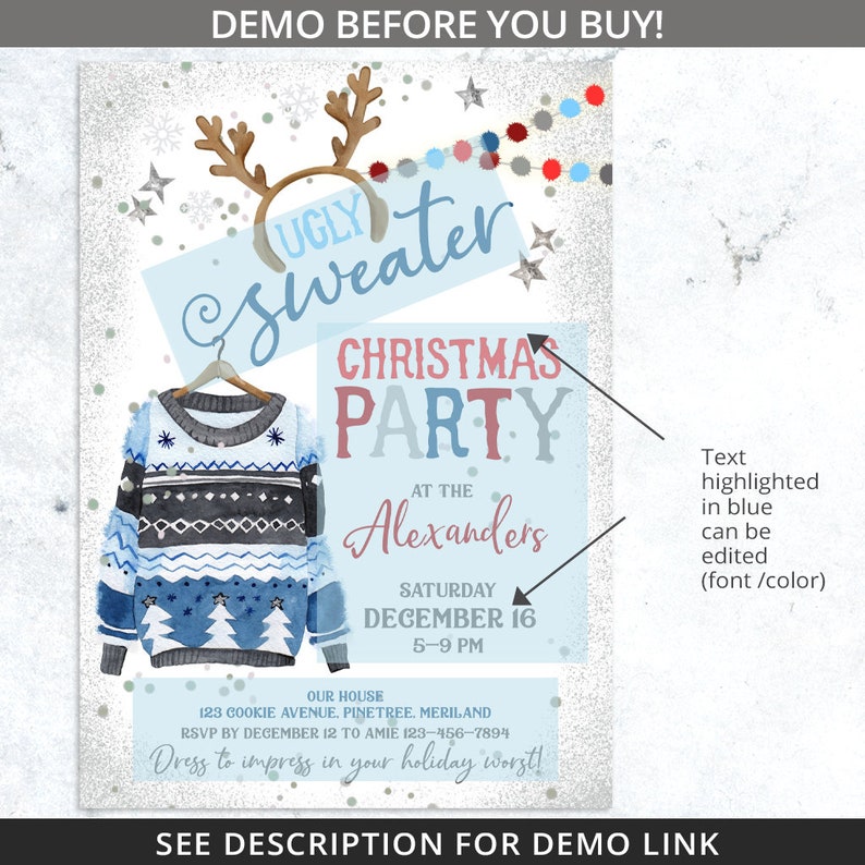 Op de afbeelding: Een feestelijke uitnodiging voor een kerstfeest met een lelijke trui. Het ontwerp bevat een aquarelillustratie van een blauw-witte trui, rendiergeweien en de tekst "Ugly Sweater Christmas Party at the Alexanders".