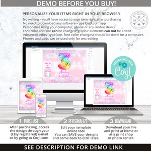 May include: A digital mockup showing how to personalize a printable birthday party invitation with a rainbow number three and pink glitter background. The invitation says "Amelia's Third Birthday". The text "Personalize with Corjl" is also shown.