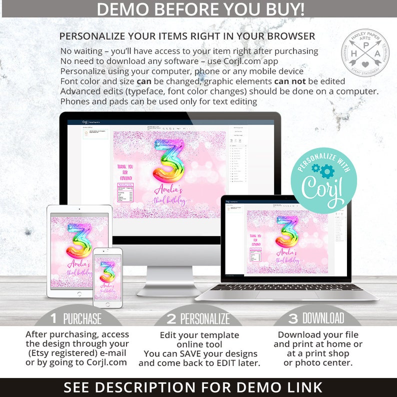 May include: A digital mockup showing how to personalize a printable birthday party invitation with a rainbow number three and pink glitter background. The invitation says "Amelia's Third Birthday". The text "Personalize with Corjl" is also shown.