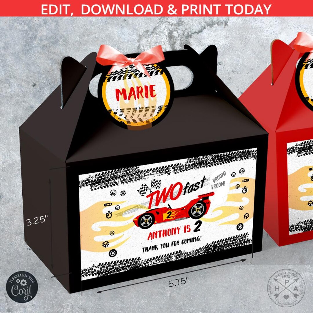 Two Fast Race Car Gable Box Favor Label. Racing Speed Red Car. Handle ...