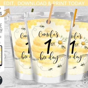 Bee juice bag label, juice bags, bee-day juice pouch, yellow bumble honey, any age birthday party editable template. 059HPA 27 C