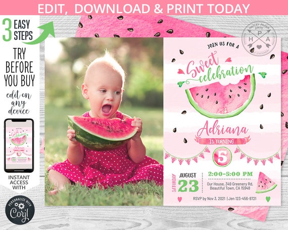 Watermelon birthday invitation sweet celebration melon pink any age b-day girl summer party invite invitations. Editable template. 053HPA 02 Il_570xn