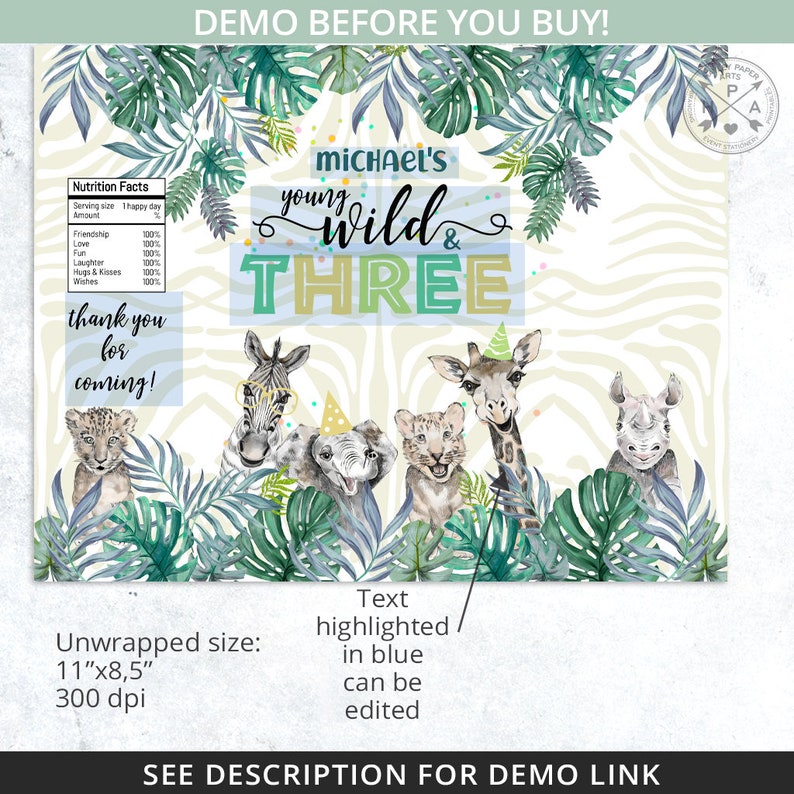 May include: A printable party favor tag with a jungle theme. The tag features a zebra, giraffe, elephant, and rhino with a green and white zebra print background. The text on the tag reads "Michael's Young Wild & Three" and "Thank you for coming!"