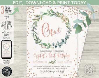 Greenery 1. Geburtstagseinladung, Rose Gold ein Mädchen Boho Eukalyptus erste Konfetti Partyeinladungen Printable editierbare Vorlage. 112HPA 02