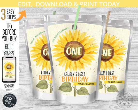 Sunflower you are my sunshine juice bag label, capri juice bags, juice pouch, yellow, first birthday party editable template 117HPA 12 A Il_570xn