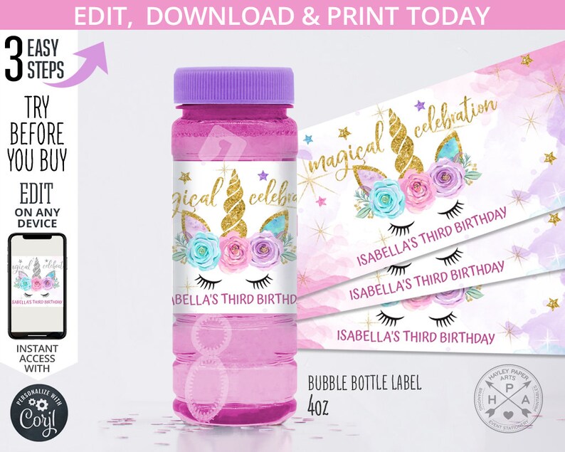 May include: A pink and purple unicorn-themed bubble bottle label with gold glitter accents. The label says "magical celebration" and "Isabella's Third Birthday". The label is designed for a 4 oz bubble bottle.