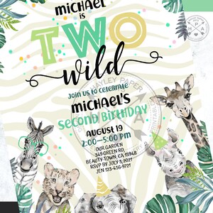 May include: A birthday invitation with the text "MICHAEL is TWO wild." The invitation features illustrations of a zebra, lion cub, elephant, giraffe, and rhino. The invitation includes the date, time, and location of the party.