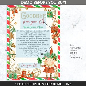 May include: A festive Christmas-themed letter with the text "Goodbye from your Elf" and a message to Olivia & Paul. The design includes an elf illustration, gifts, candy canes, and a North Pole stamp. The text is highlighted in blue.