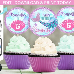 MERMAID cupcake toppers 2x2 lilac glitter water first any age girl birthday. Editable printable toppers. 060HPA 25 A