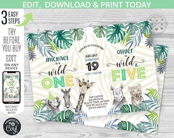 Può includere: Un invito stampabile per una festa di compleanno per bambini. L'invito presenta un tema giungla con foglie verdi, uno sfondo a stampa zebra e una giraffa, una zebra, un rinoceronte e un leone. Il testo sull'invito recita: "Unisciti a noi per festeggiare sabato 19 agosto dalle 14:00 alle 17:00 Oliver è selvaggio e ha cinque anni".