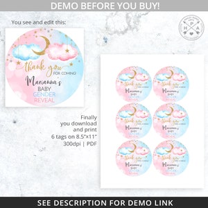 Twinkle twinkle little star tag gender reveal baby shower favor tag thank you labels. Blue pink clouds stars round circle 3"x3". 177HPA 21 E image 4