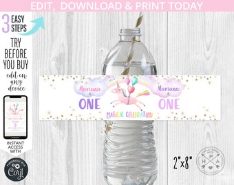 May include: Printable water bottle label featuring a unicorn with a rainbow and stars. The label says "Mariana is One" and "Magical Celebration". The label is 2 inches by 8 inches.