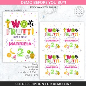 May include: A printable birthday party invitation featuring a colorful fruit design with the text "Twoth Frutti" and "Such a cutie!"  The invitation also includes the name "Marriela" and the number "2".