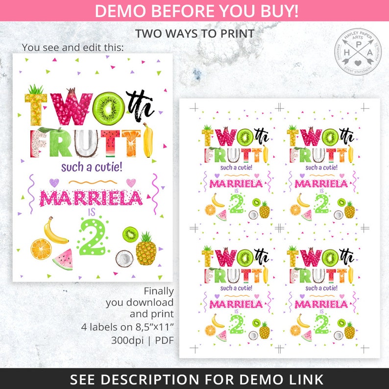 May include: A printable birthday party invitation featuring a colorful fruit design with the text "Twoth Frutti" and "Such a cutie!"  The invitation also includes the name "Marriela" and the number "2".