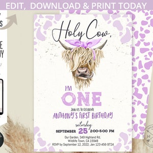 Holy cow birthday highland cow girl invitation I&#39;m one ranch farm purple editable first 1st party invite. Selfeditable printable. 209HPA 25