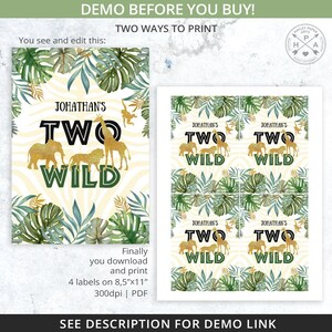 May include: Printable jungle-themed birthday party sign with gold glitter accents. The sign says "Jonathan's Two Wild" and features a zebra print background with green leaves. The sign is 8.5 inches by 11 inches and is 300 dpi.
