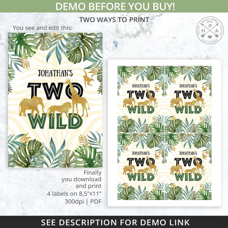 May include: Printable jungle-themed birthday party sign with gold glitter accents. The sign says "Jonathan's Two Wild" and features a zebra print background with green leaves. The sign is 8.5 inches by 11 inches and is 300 dpi.