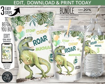 BUNDLE Dinosaur chips bag, juice bags, water bottle labels, dino T-Rex pack any age party pack boy birthday. Editable printables. 139HPA 40