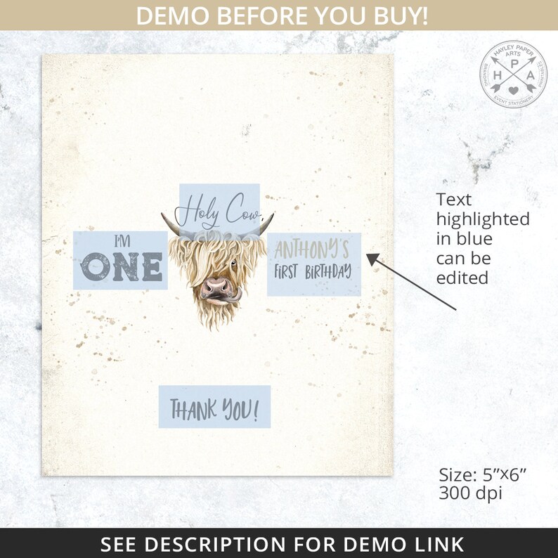 May include: A digital printable design for a first birthday party featuring a Highland cow with the text "Holy Cow", "I'm One", and "Anthony's First Birthday". The design is in blue and white on a textured background.
