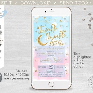 Twinkle twinkle little star gender reveal party electronic baby shower pink blue gold invitation smartphone e-vite. 400HPA E009 05 009HPA image 2