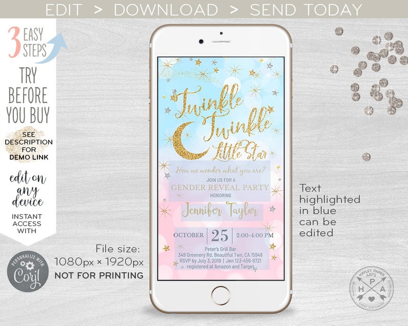 Twinkle twinkle little star gender reveal party electronic baby shower pink blue gold invitation smartphone e-vite. 400HPA E009 05 009HPA image 2