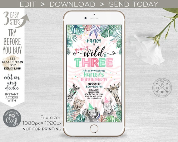 Safari Jungle young wild three electronic invitation safari animals girl third birthday sms smartphone e-vite, digital invite E125 03 125HPA Il_570xn