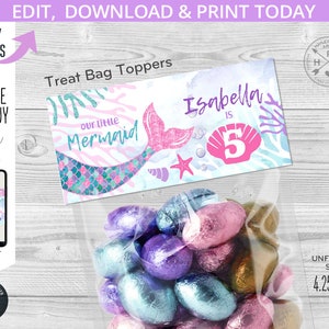 マーメイド トリート バッグ トッパー ラベル 海の下のマーメイド トリート キャンディ プラスチック ジップ バッグ トッパー、誕生日の記念品。編集可能なテンプレート。060HPA 38 B