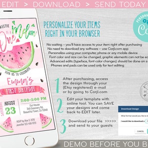 Watermelon one in a melon electronic first birthday invitation smartphone e-vite pink digital invite. Instant download. E050 01 050HPA image 3