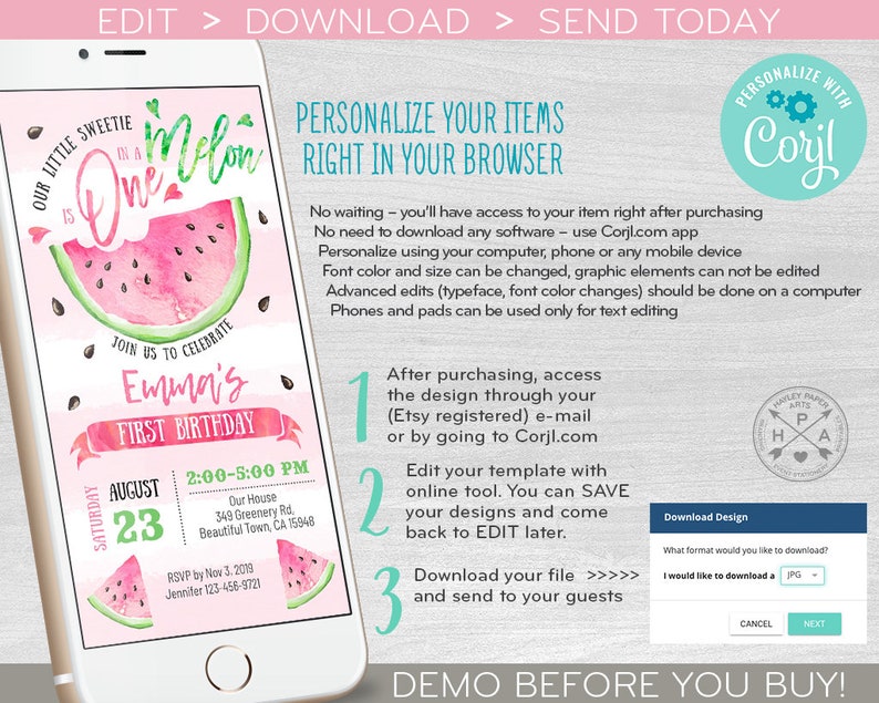 Watermelon one in a melon electronic first birthday invitation smartphone e-vite pink digital invite. Instant download. E050 01 050HPA image 3