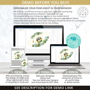 K&ouml;nnte beinhalten: Eine digitale Produktdemonstration mit einem Partyhut-Design mit dem Text "MICHAEL'S WILD ONE" und Dschungel-Grafiken. Das Bild zeigt das Design auf einem Computer, Tablet und Telefon, mit Anweisungen zum Kauf, zur Personalisierung und zum Download.