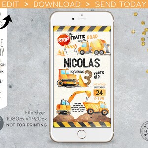 Construction electronic birthday party invitation. Truck yellow digger traffic road workers. Smartphone e-vite digital invite E180 02 180HPA