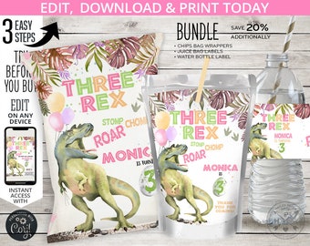 BUNDLE Dinosaur three rex chips bag, juice bags, water bottle labels, dino T-Rex pack gitl third 3rd birthday. Editable printables 137HPA 40