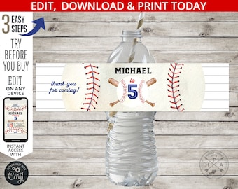 May include: Editable baseball-themed water bottle label with a red, white, and blue baseball design. The label says "Michael is 5" and includes the text "thank you for coming!"