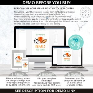 May include: A digital mockup showing how to personalize a printable invitation for a child's birthday party. The invitation features a watercolor illustration of a basketball, football, and soccer ball with the text "Let's Have a Ball!" and "Michael's Third Birthday". The image shows the steps to purchase, personalize, and download the invitation using the Corjl.com website.