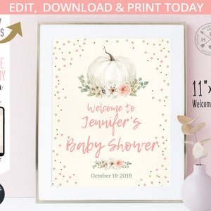EDITABLE Pumpkin welcome sign baby shower party poster 11x14 guestbook board blush pink boho flowers confetti. Editable template. 002HPA 14
