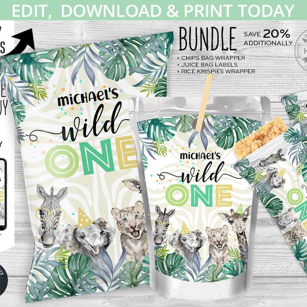 BUNDLE Safari Jungle Wild One chips bag, juice bags, rice bar wrapper, snacks chips pouch first birthday. Online template 124HPA 43