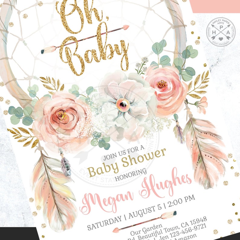 May include: A pink and gold baby shower invitation featuring a dreamcatcher design, floral accents, and the text "Oh Baby" and "Megan Hughes".