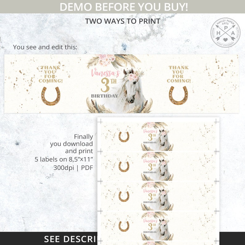 May include: Printable 8.5 x 11 inch digital download for 5 favour labels. The labels feature a white horse with a pink floral crown, gold glitter, and the text "Vanessa's 3rd Birthday".