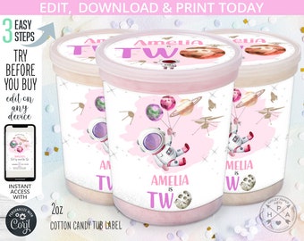 Outer space TWO the moon cotton candy tub label, container around the sun birthday labels, 2nd space party. Editable printables. 154HPA 33 D