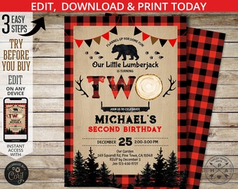 Lumberjack second birthday editable invitation ONE bear black red plaid boy 2nd party invite woodland bear. Editable printable. 133HPA 05