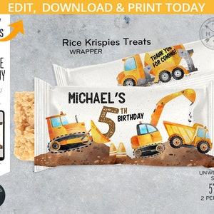 Construction rice krispies traffic road truck digging excavator label, favors, krispy wrapper, boy birthday editable template. 180HPA 32 A