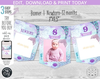 May include: A printable mermaid-themed baby milestone banner with 12 flags. Each flag features a watercolor background with a mermaid tail, a number, and a space to add a photo. The banner is 7 inches by 9.5 inches.