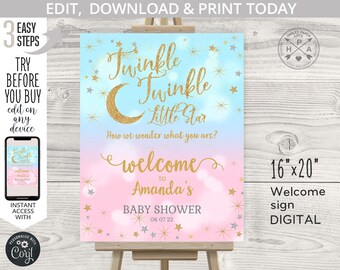 Twinkle twinkle little star welcome sign he or she gender reveal baby shower 16x20. Blue pink. Editable template. Instant access. 009HPA 16
