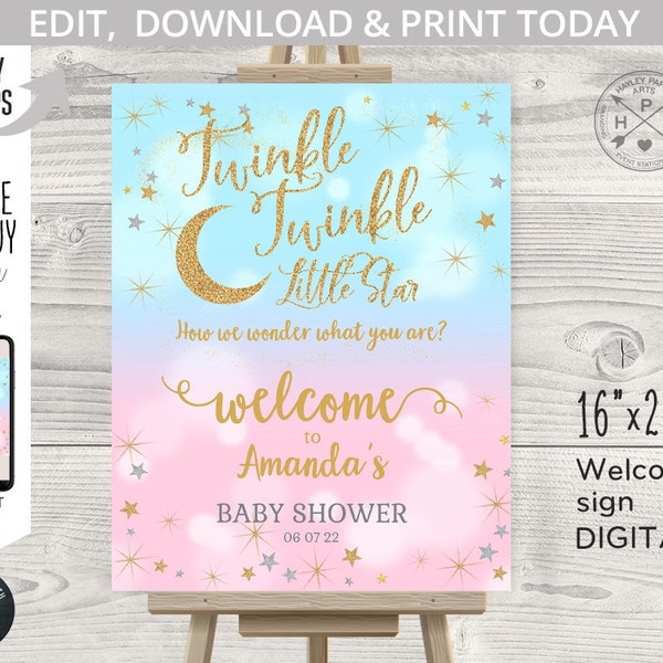 Twinkle twinkle little star welcome sign he or she gender reveal baby shower 16x20. Blue pink. Editable template. Instant access. 009HPA 16