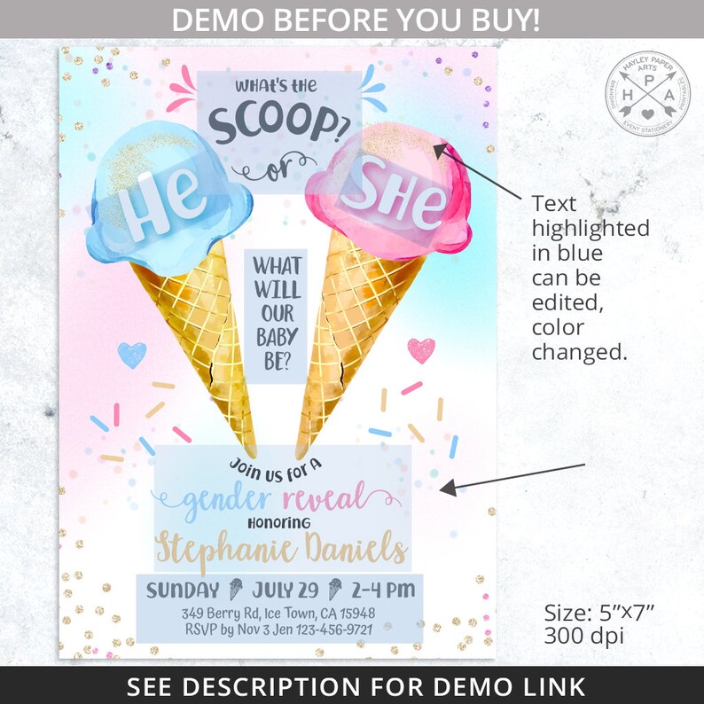 Op de afbeelding: Een gender reveal uitnodiging met een roze en blauwe ijshoorn ontwerp. De tekst luidt "What's the Scoop?" met een blauwe ijshoorn die "He" zegt en een roze ijshoorn die "She" zegt. De tekst luidt ook "What will our baby be?" en "Join us for a gender reveal honouring Stephanie Daniels". De uitnodiging bevat de datum, tijd en locatie van het evenement.