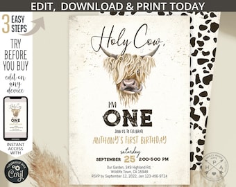 Holy cow I’m one birthday highland cow invitation ranch farm boy girl editable first 1st party invite. Selfeditable printable. 209HPA 05