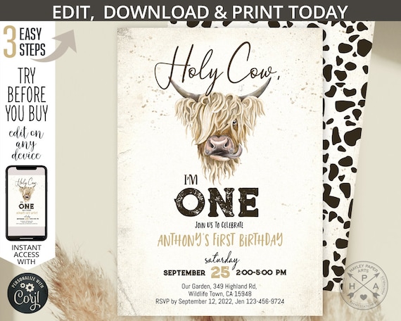 Holy cow I’m one birthday highland cow invitation ranch farm boy girl editable first 1st party invite. Selfeditable printable. 209HPA 05 Il_570xn