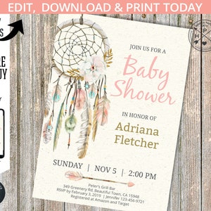EDYTOWALNE zaproszenie boho na baby shower w kształcie łapacza snów. Boho plemienne pióra. Natychmiastowy dostęp do szablonu. Dostosowane przez Ciebie. 017HPA 01