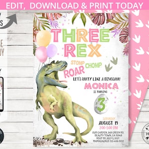 Three Rex dinosaur third birthday invitation T-Rex girl 3rd dino party dino-mite dino pink roar birthday card. Editable printable. 137HPA 01
