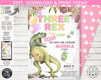Three Rex dinosaur third birthday invitation T-Rex girl 3rd dino party dino-mite dino pink roar birthday card. Editable printable. 137HPA 01